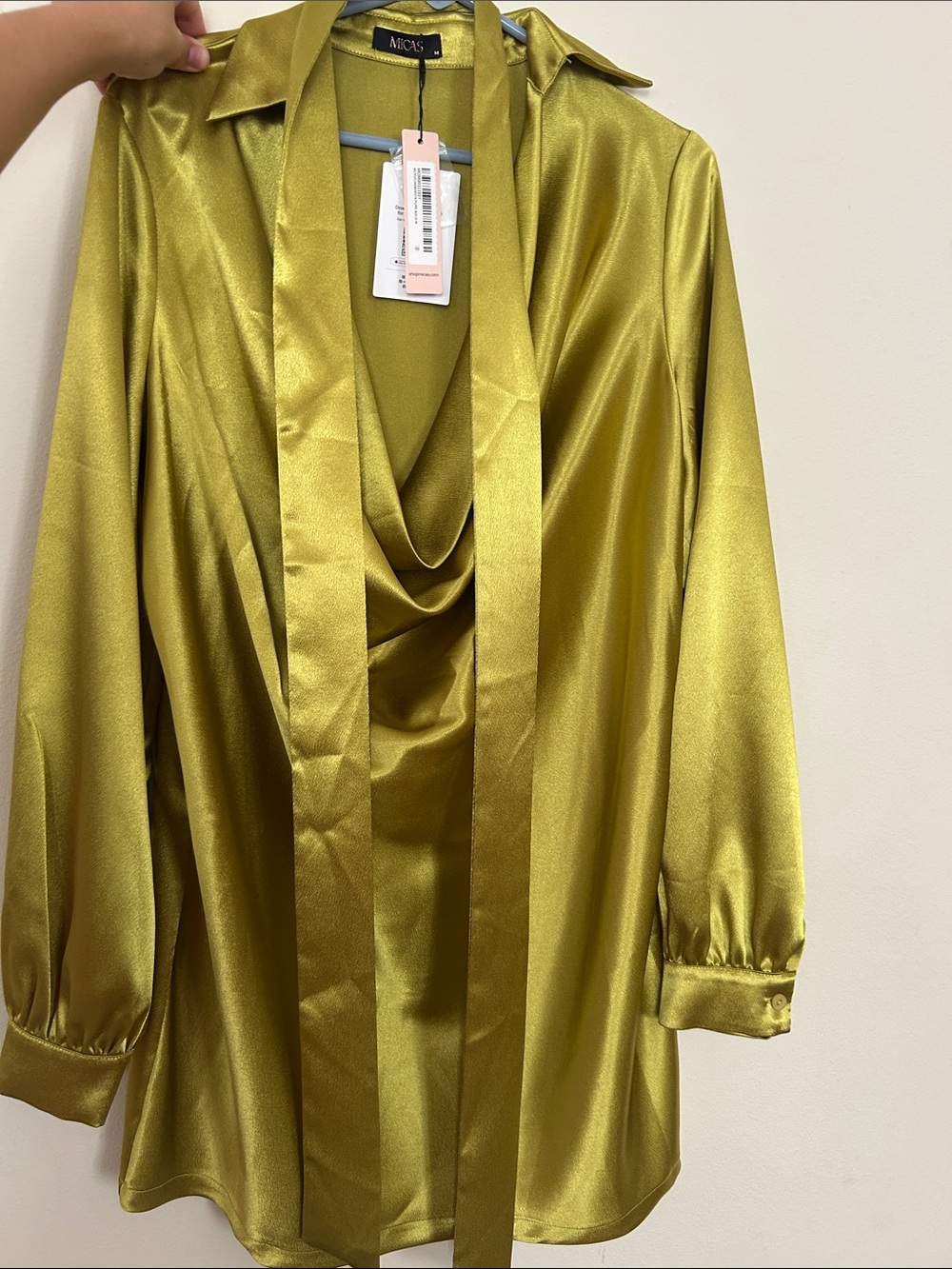 Micas Satin Cowl-Neck Robe-Style Blouse in Olive